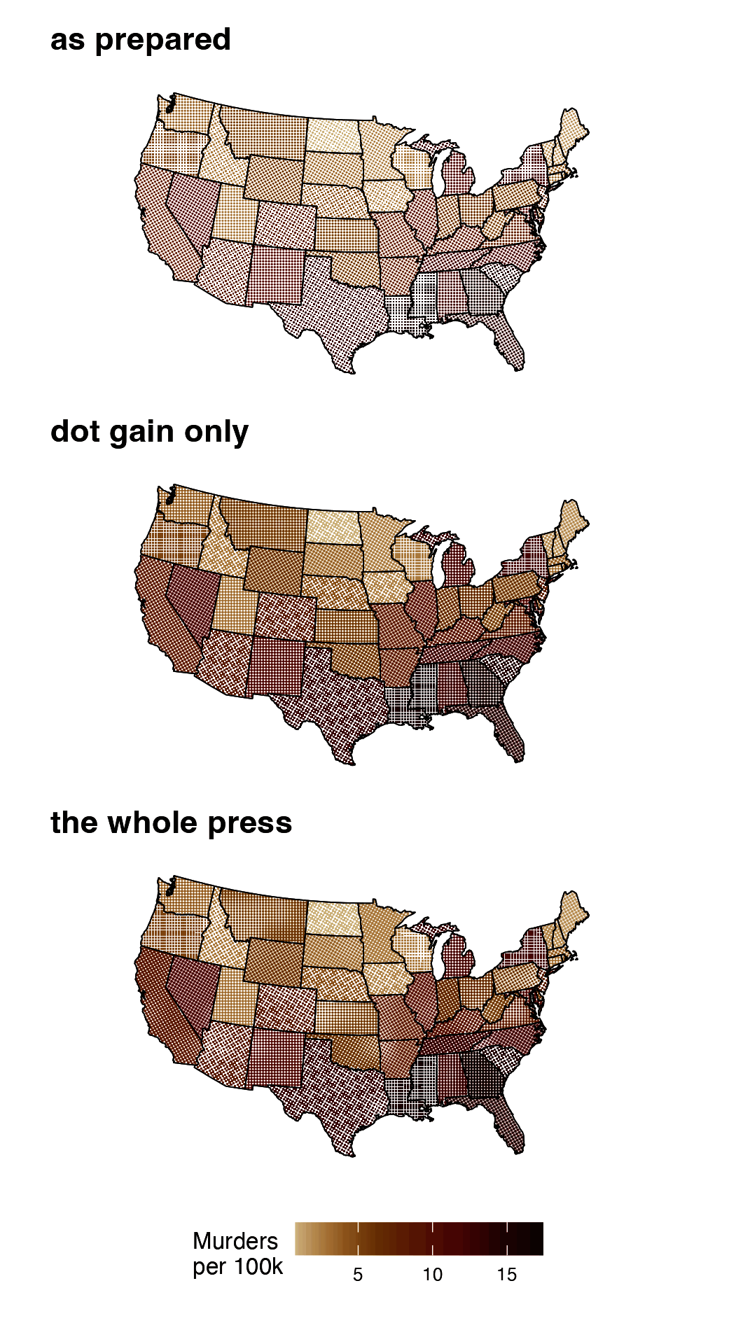A choropleth three ways: as prepared, with dot gain only, and with the whole press
